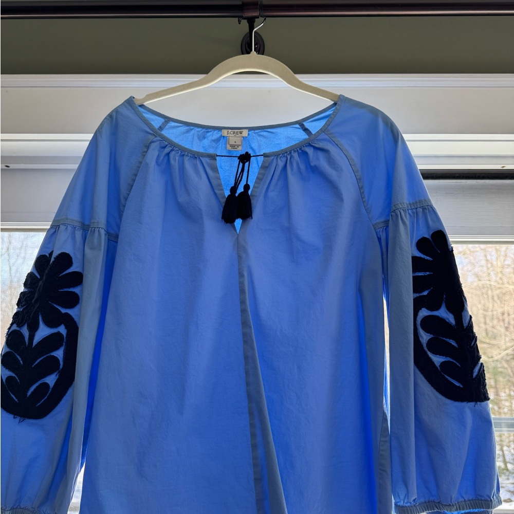 J. Crew Sky Blue Blouse with Dark Embroidery